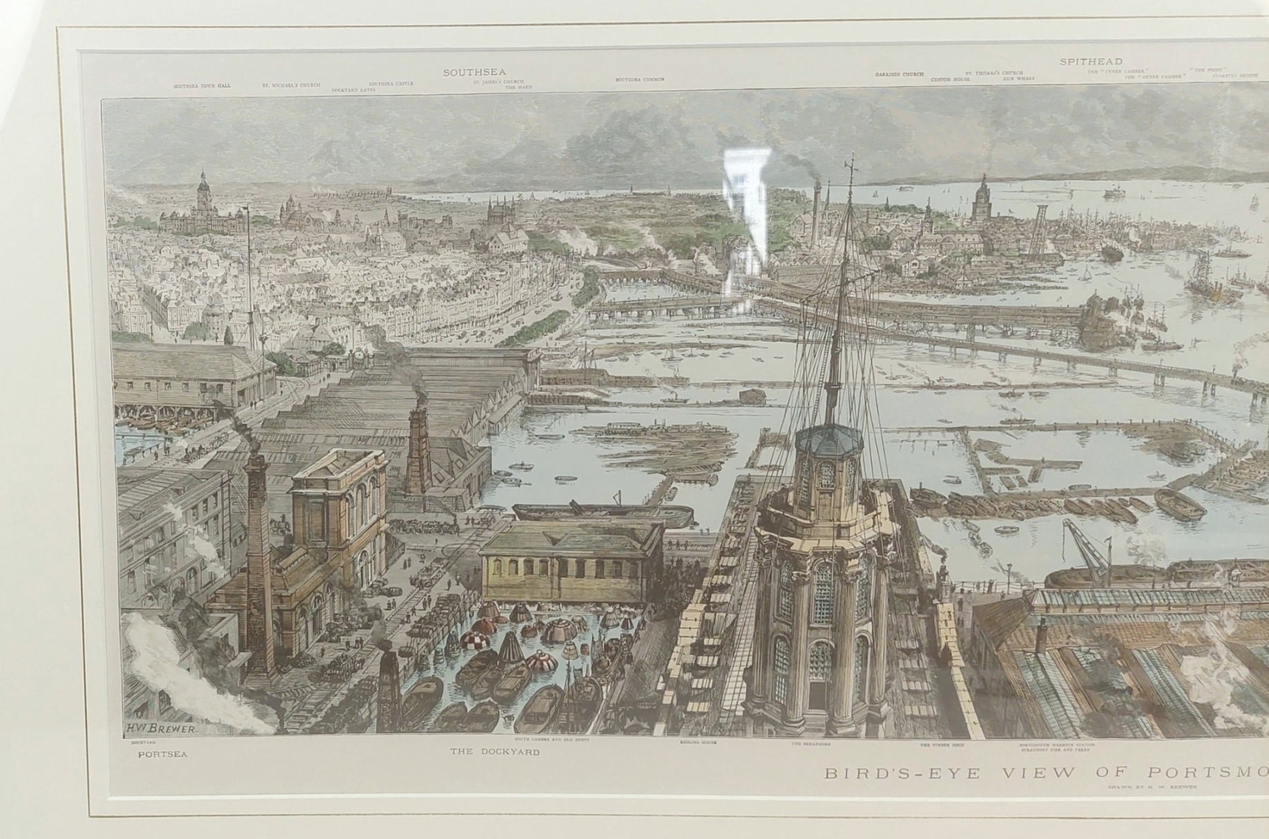 Hand Coloured Print ‘Birds Eye View of Portsmouth Harbour’ after H.W. Brewer - Image 2