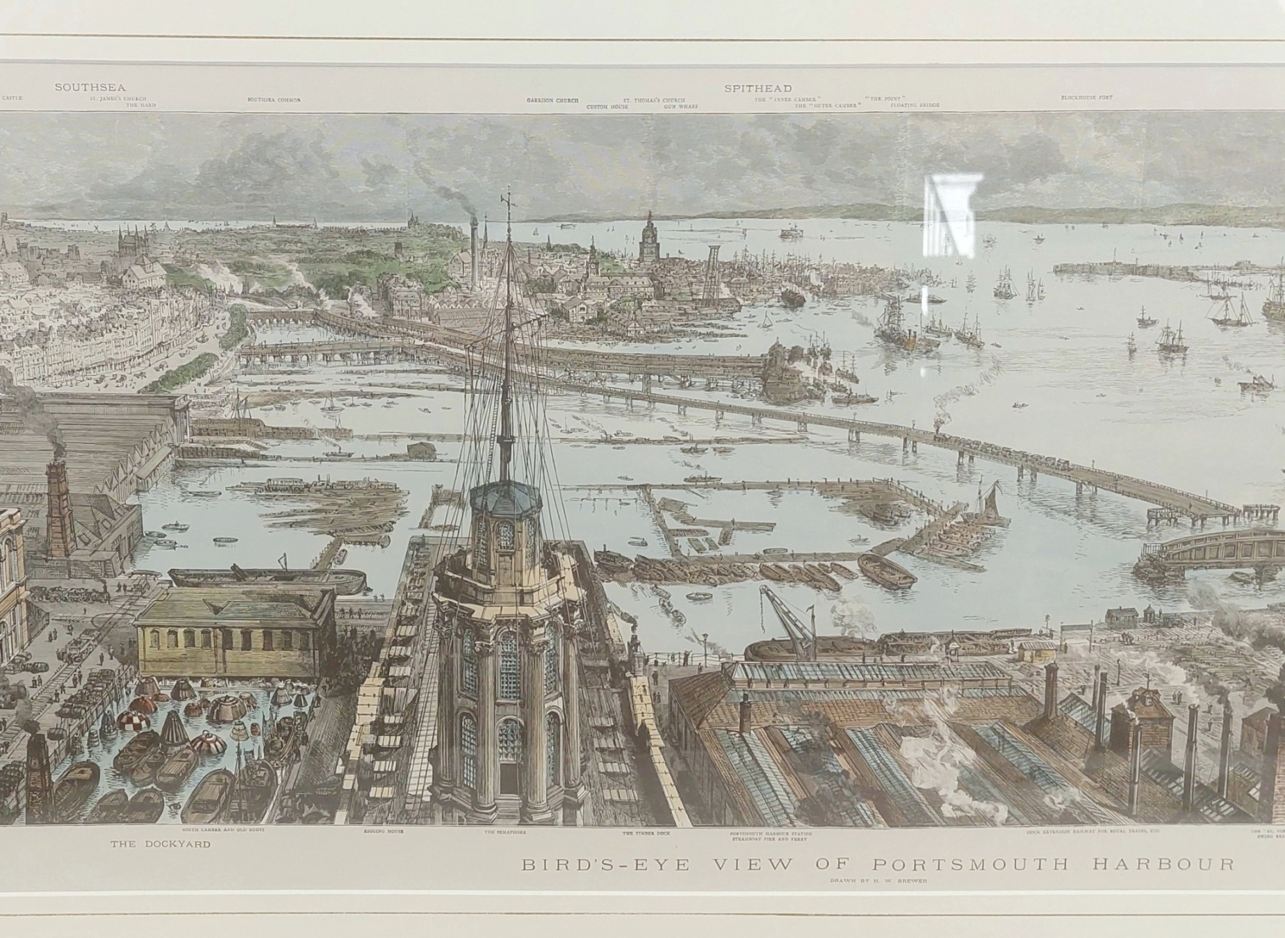 Hand Coloured Print ‘Birds Eye View of Portsmouth Harbour’ after H.W. Brewer - Image 3