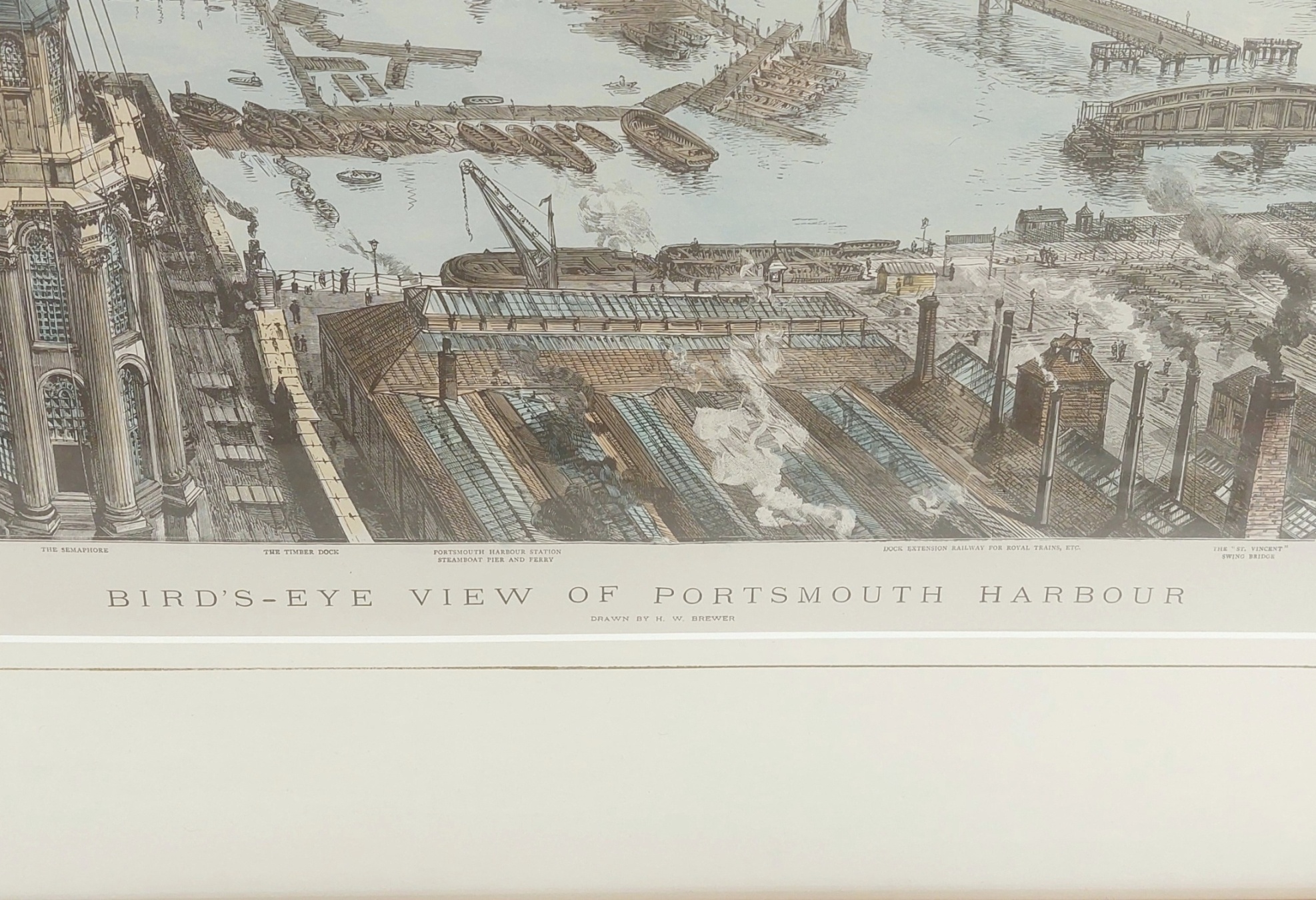 Hand Coloured Print ‘Birds Eye View of Portsmouth Harbour’ after H.W. Brewer - Image 4