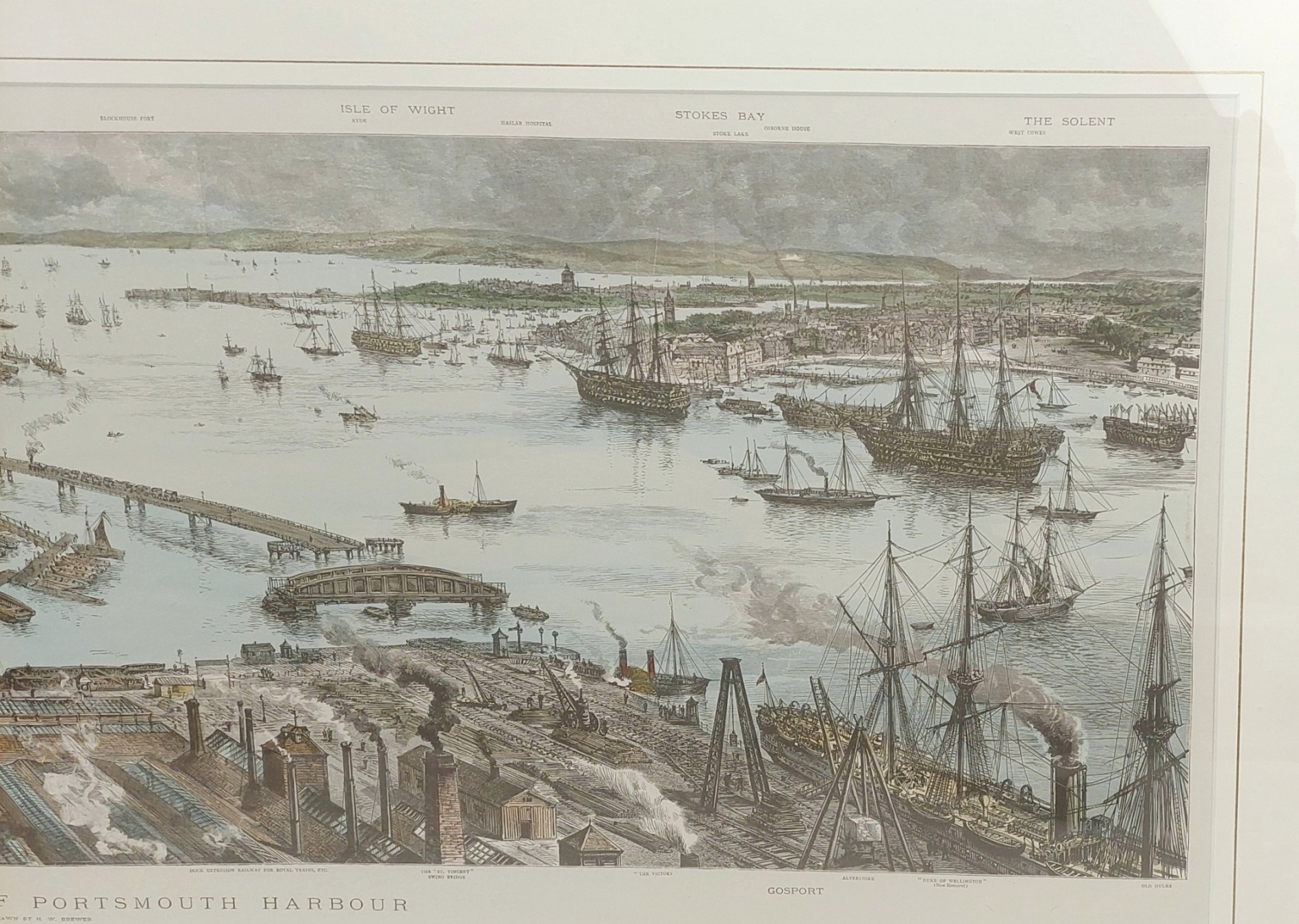 Hand Coloured Print ‘Birds Eye View of Portsmouth Harbour’ after H.W. Brewer - Image 5