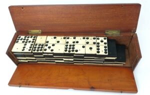 Victorian / Edwardian Bone & Ebonised Wood Double-Nine Domino Set (51 out of 55 tiles)