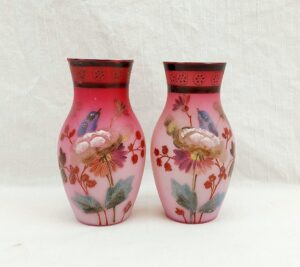 Victorian Pair Of Enamelled Glass Bird Vases