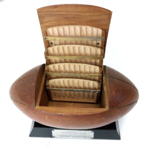 British, c. 1958, Royal Navy Vintage Wooden Rugby Ball Cigarette Dispenser / Carousel Holder Presentation Piece