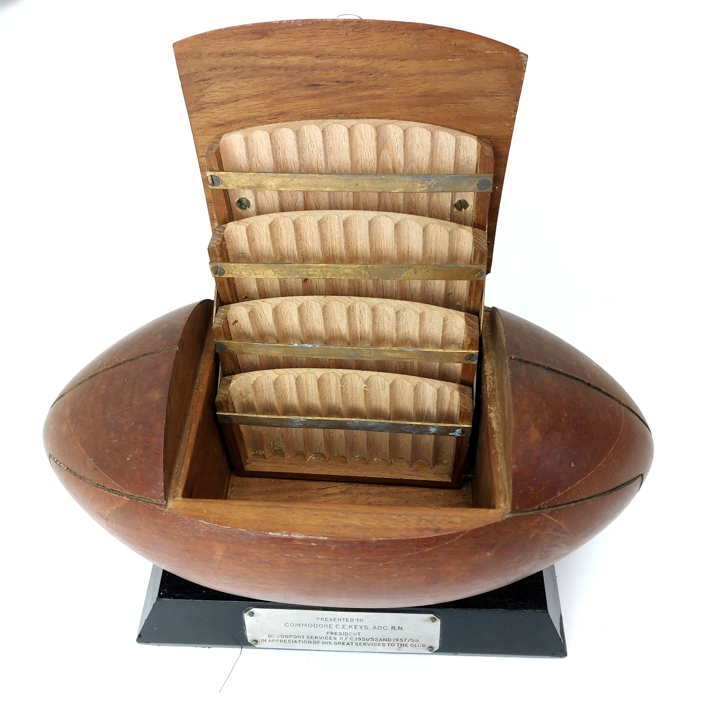 British, c. 1958, Royal Navy Vintage Wooden Rugby Ball Cigarette Dispenser / Carousel Holder Presentation Piece