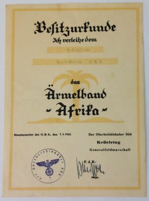 German, WW2, Afrika Korps “Ärmelband Afrika” Award Certificate (Besitzurkunde), Signed by Major Pfeffer, Named & Dated 1 May 1943