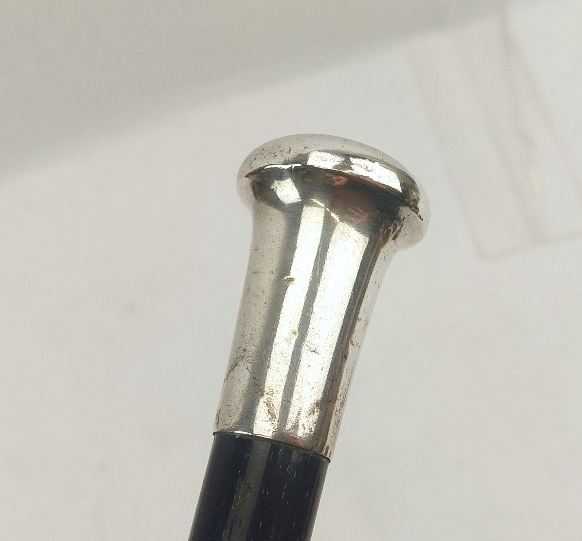 c1910 London Sterling Silver Pommel Ebonised Wood Walking Cane - Image 2